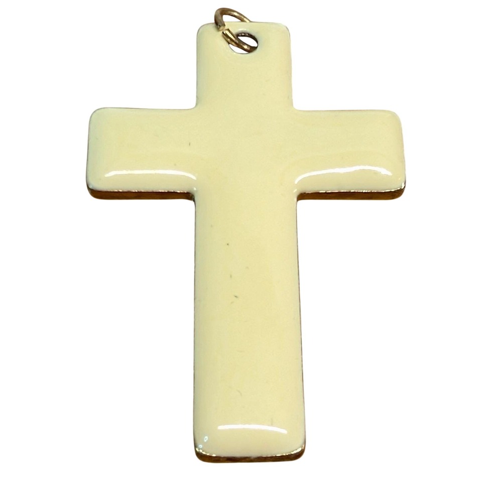 Vintage Cross Pendant Cream Gold Tone Trim Enamel Religious Christian Jewelry